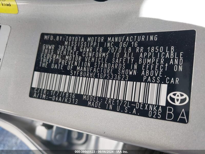 2016 TOYOTA COROLLA LE - 5YFBURHE1GP533623 | SeoVin.biz