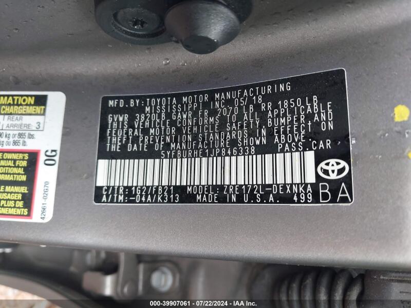 2018 TOYOTA COROLLA LE - 5YFBURHE1JP846338 | SeoVin.biz