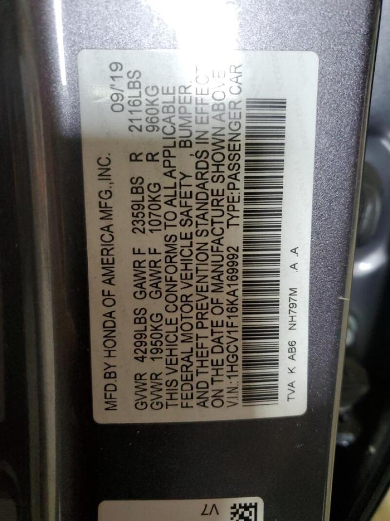 2019 HONDA ACCORD LX - 1HGCV1F16KA169992 | SeoVin.biz