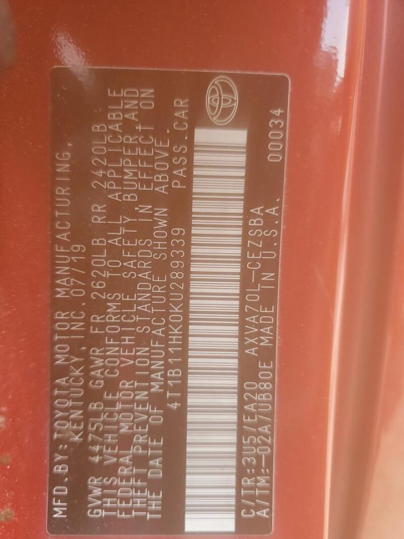 2019 TOYOTA CAMRY L - 4T1B11HK0KU289339 | SeoVin.biz