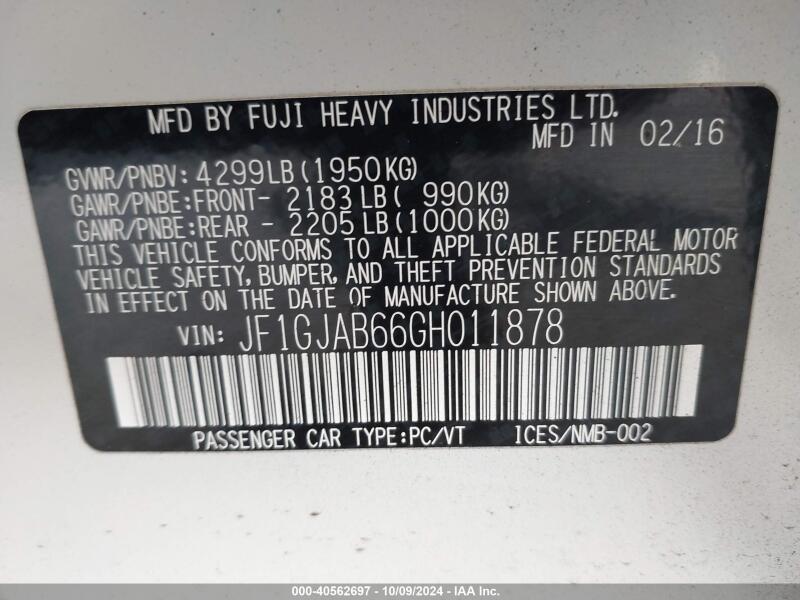 2016 SUBARU IMPREZA 2.0I PREMIUM - JF1GJAB66GH011878 | SeoVin.biz