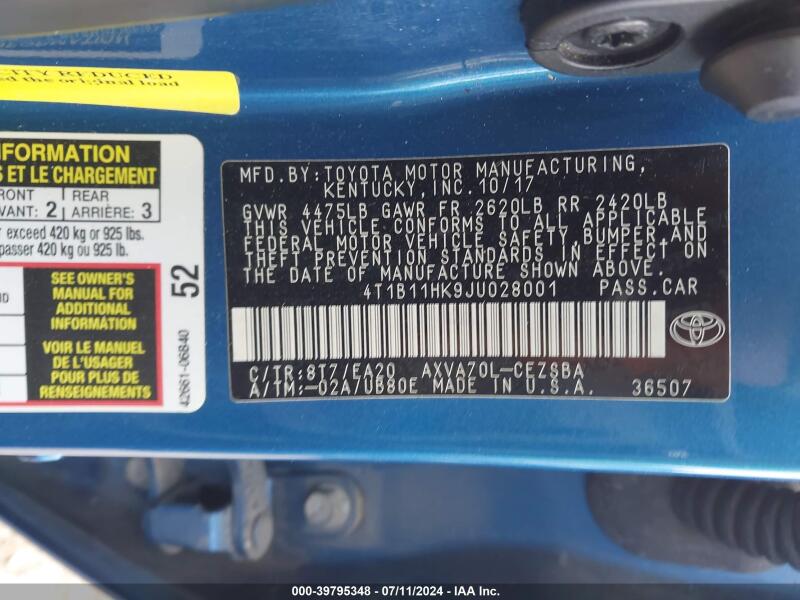 2018 TOYOTA CAMRY SE - 4T1B11HK9JU028001 | SeoVin.biz