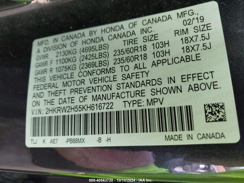 2019 HONDA CR-V EX - 2HKRW2H55KH616722 | SeoVin.biz