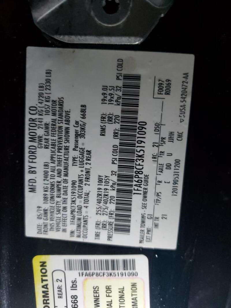 2019 FORD MUSTANG GT - 1FA6P8CF3K5191090 | SeoVin.biz