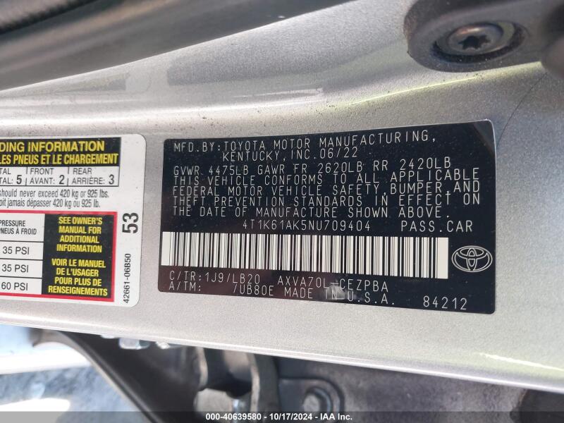 2022 TOYOTA CAMRY XSE - 4T1K61AK5NU709404 | SeoVin.biz