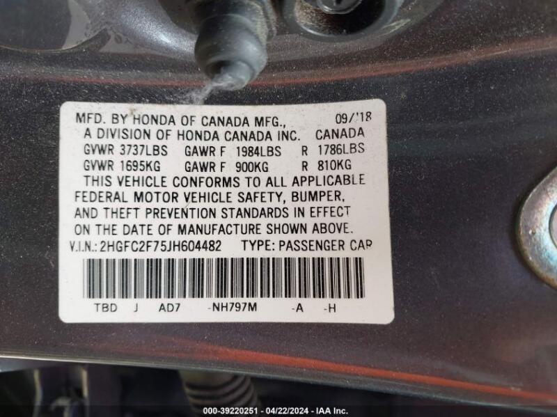 2018 HONDA CIVIC EX - 2HGFC2F75JH604482 | SeoVin.biz