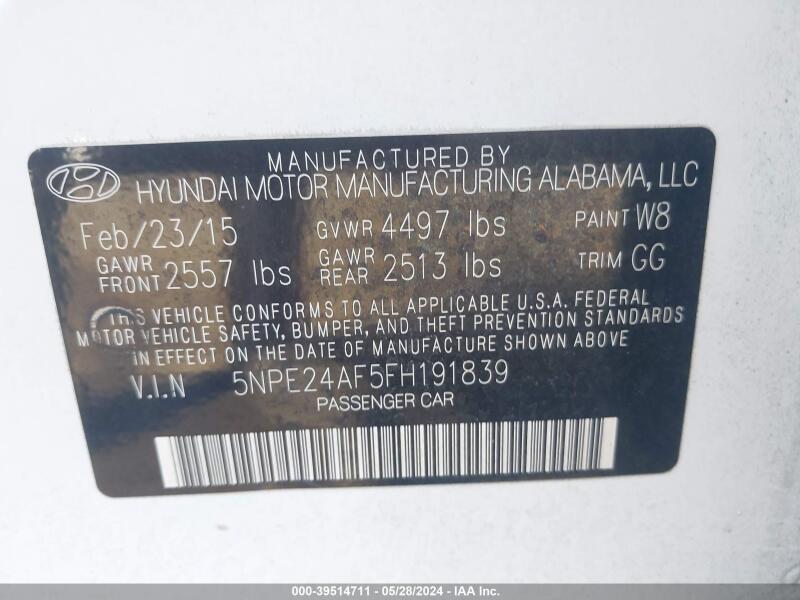 2015 HYUNDAI SONATA SE - 5NPE24AF5FH191839 | SeoVin.biz