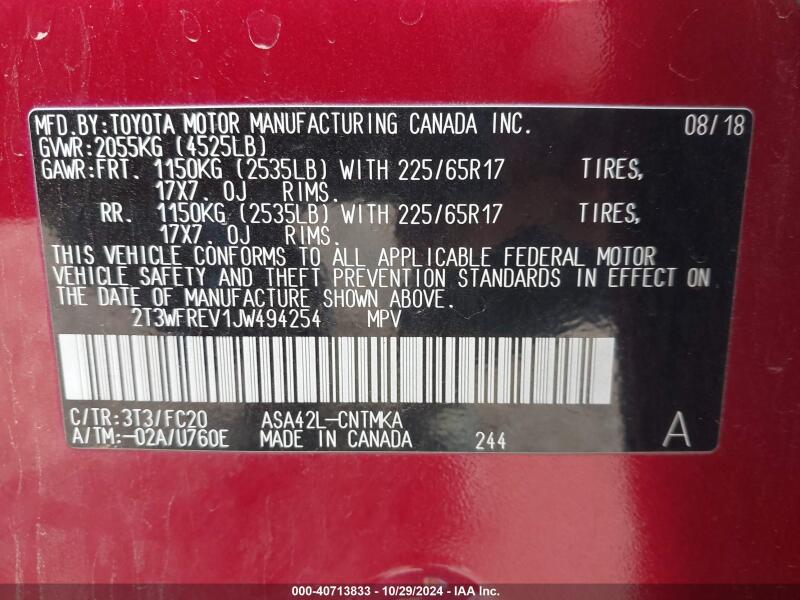 2018 TOYOTA RAV4 ADVENTURE/XLE - 2T3WFREV1JW494254 | SeoVin.biz