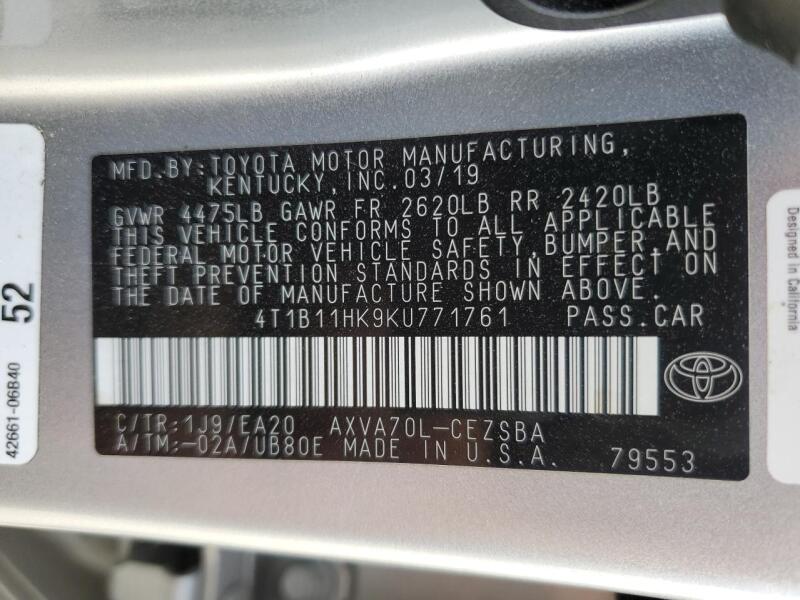 2019 TOYOTA CAMRY L - 4T1B11HK9KU771761 | SeoVin.biz