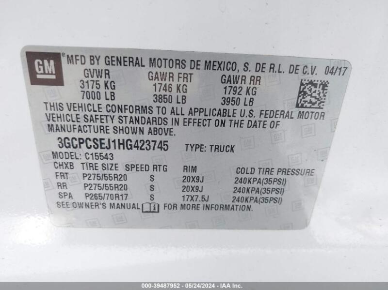 2017 CHEVROLET SILVERADO 1500 1LZ - 3GCPCSEJ1HG423745 | SeoVin.biz