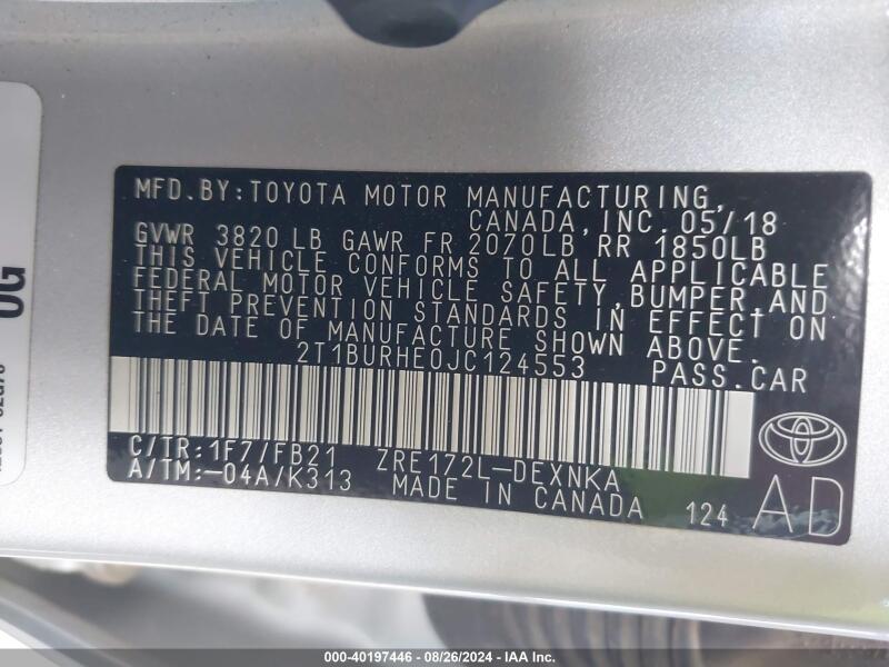 2018 TOYOTA COROLLA LE - 2T1BURHE0JC124553 | SeoVin.biz