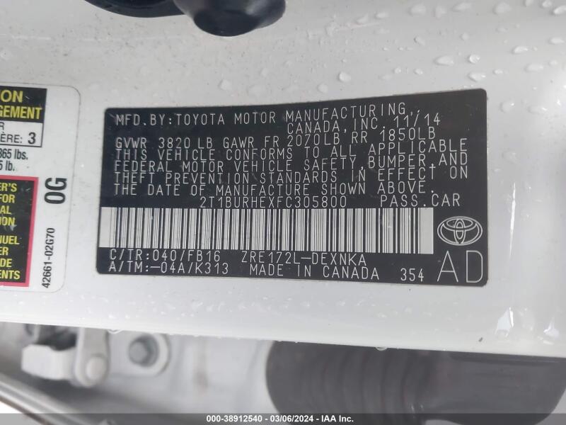 2015 TOYOTA COROLLA LE - 2T1BURHEXFC305800 | SeoVin.biz