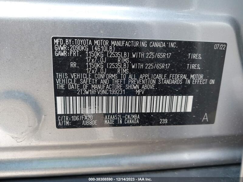 2022 TOYOTA RAV4 XLE - 2T3W1RFV9NC199231 | SeoVin.biz