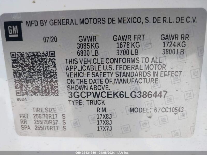 2020 CHEVROLET SILVERADO 1500 2WD  SHORT BED LT - 3GCPWCEK6LG386447 | SeoVin.biz