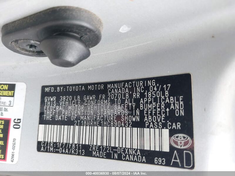 2017 TOYOTA COROLLA LE - 2T1BURHE1HC890432 | SeoVin.biz