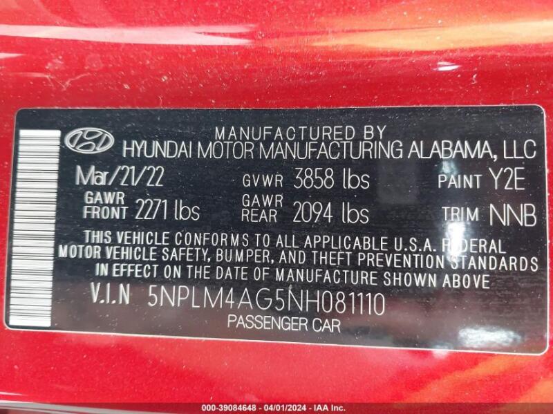 2022 HYUNDAI ELANTRA SEL - 5NPLM4AG5NH081110 | SeoVin.biz