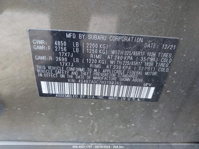 2022 SUBARU OUTBACK PREMIUM - 4S4BTADC7N3180363 | SeoVin.biz