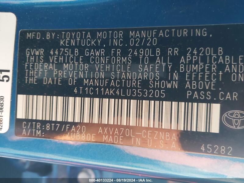 2020 TOYOTA CAMRY LE - 4T1C11AK4LU353205 | SeoVin.biz