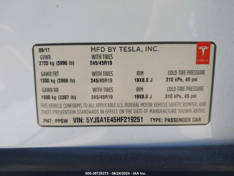 2017 TESLA MODEL S 100D/60D/75D/90D/P100D - 5YJSA1E45HF219251 | SeoVin.biz