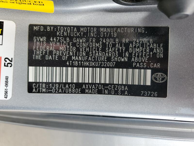 2019 TOYOTA CAMRY L - 4T1B11HK0KU732007 | SeoVin.biz