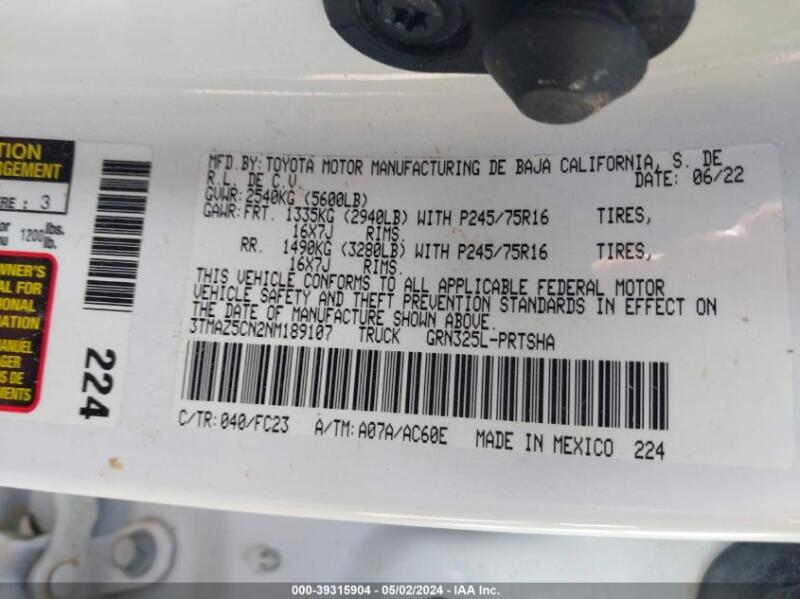 2022 TOYOTA TACOMA SR5 V6 - 3TMAZ5CN2NM189107 | SeoVin.biz