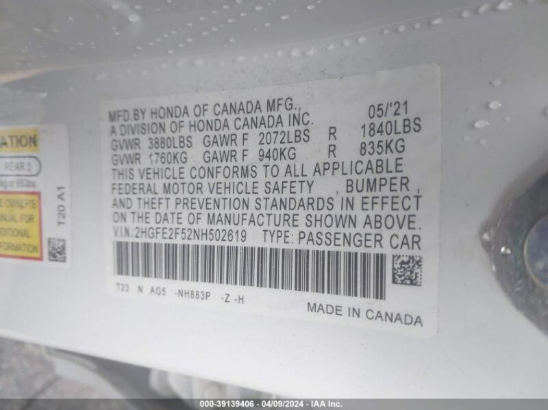 2022 HONDA CIVIC SPORT - 2HGFE2F52NH502619 | SeoVin.biz