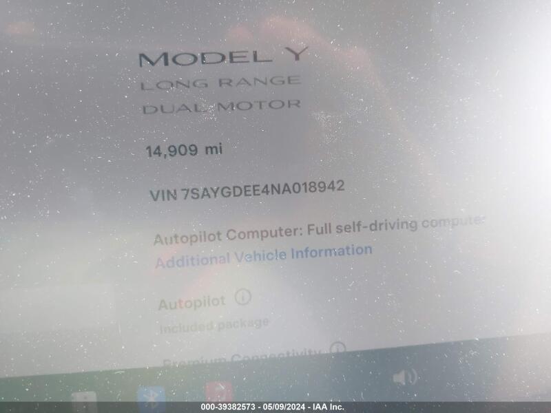 2022 TESLA MODEL Y LONG RANGE DUAL MOTOR ALL-WHEEL DRIVE - 7SAYGDEE4NA018942 | SeoVin.biz