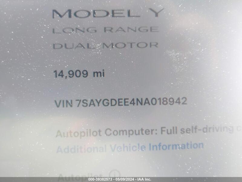 2022 TESLA MODEL Y LONG RANGE DUAL MOTOR ALL-WHEEL DRIVE - 7SAYGDEE4NA018942 | SeoVin.biz