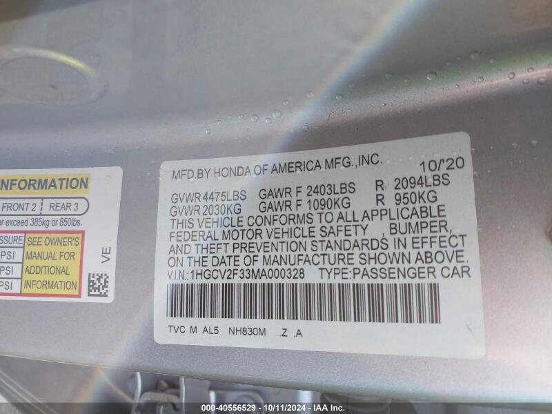 2021 HONDA ACCORD SPORT 2.0T - 1HGCV2F33MA000328 | SeoVin.biz