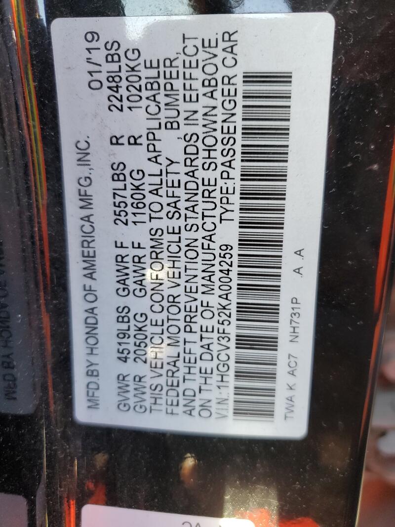 2019 HONDA ACCORD HYBRID EXL - 1HGCV3F52KA004259 | SeoVin.biz