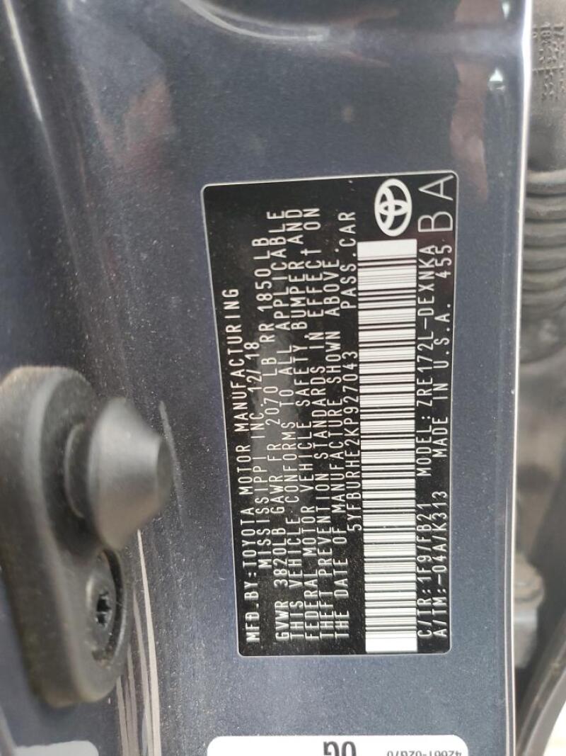 2019 TOYOTA COROLLA L - 5YFBURHE2KP927043 | SeoVin.biz