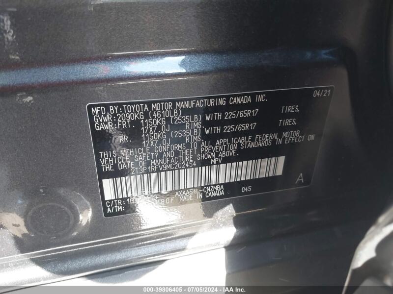 2021 TOYOTA RAV4 XLE - 2T3P1RFV9MC202454 | SeoVin.biz