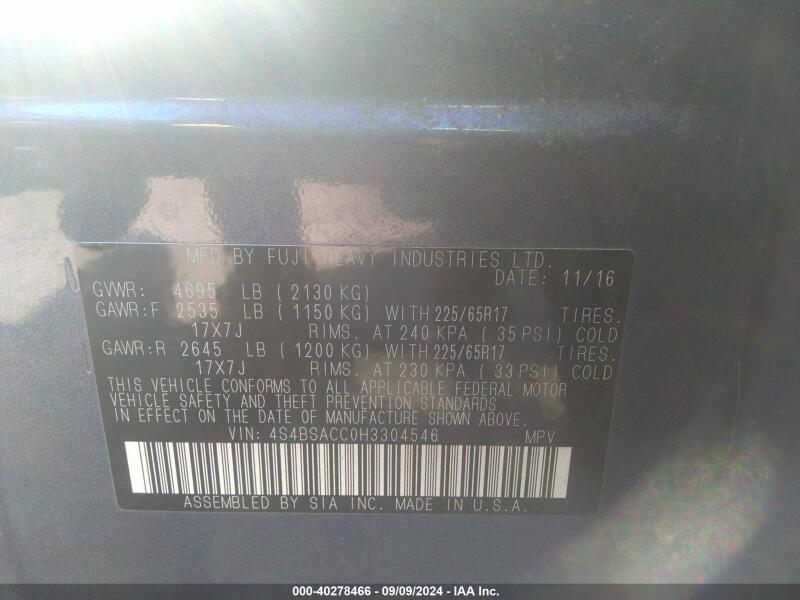 2017 SUBARU OUTBACK 2.5I PREMIUM - 4S4BSACC0H3304546 | SeoVin.biz