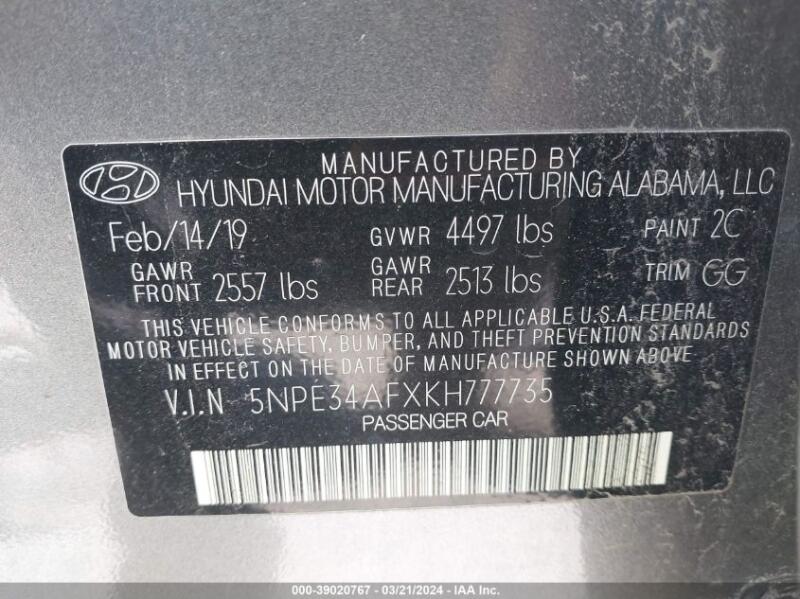 2019 HYUNDAI SONATA SEL - 5NPE34AFXKH777735 | SeoVin.biz