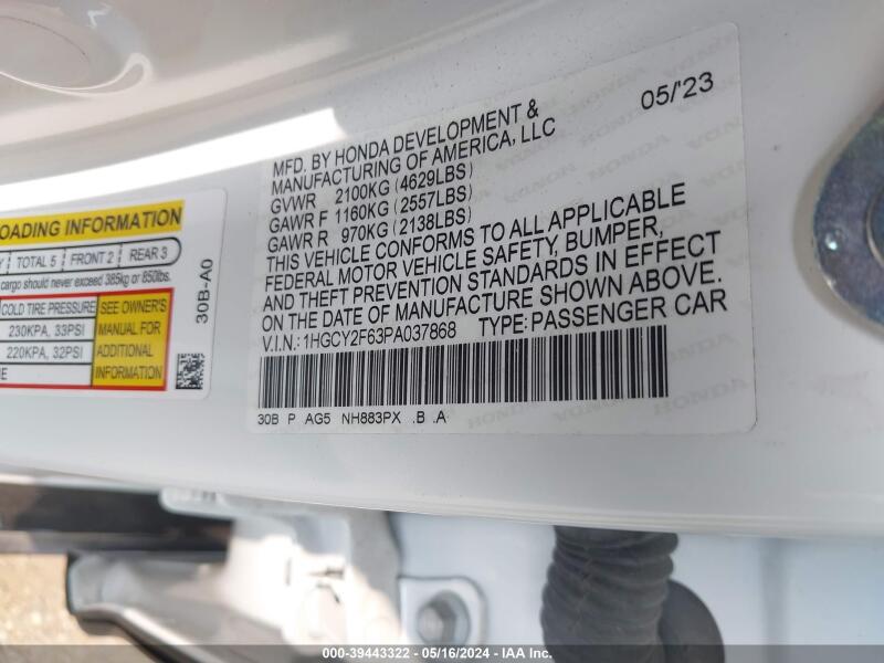 2023 HONDA ACCORD HYBRID EX-L - 1HGCY2F63PA037868 | SeoVin.biz