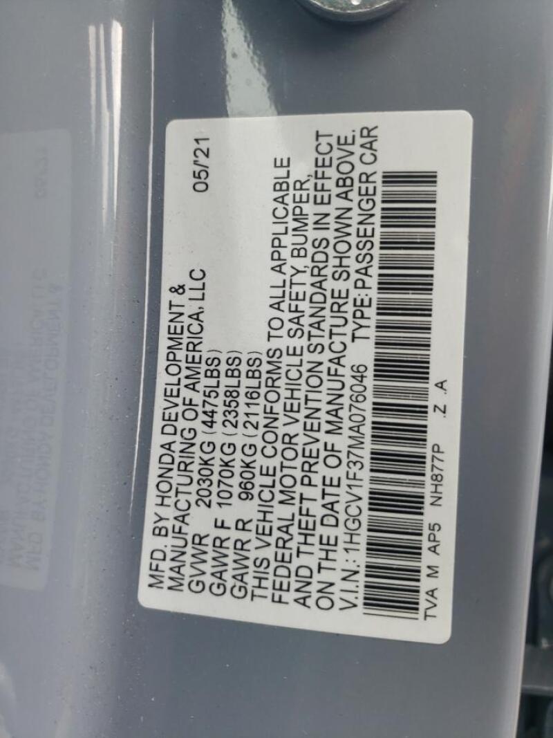 2021 HONDA ACCORD SPORT - 1HGCV1F37MA076046 | SeoVin.biz