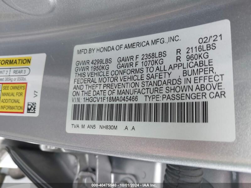 2021 HONDA ACCORD LX - 1HGCV1F18MA045466 | SeoVin.biz