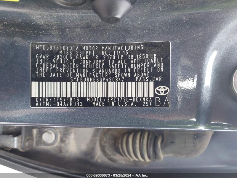 2016 TOYOTA COROLLA LE - 5YFBURHE6GP420847 | SeoVin.biz