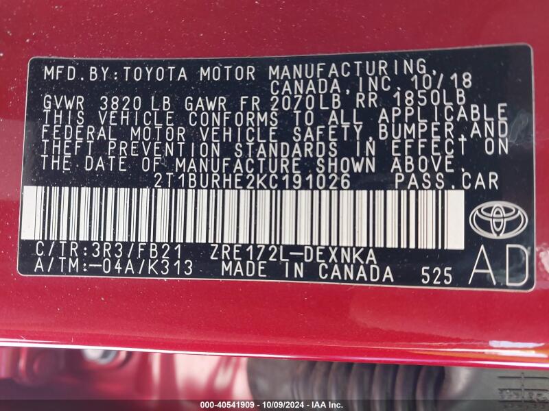 2019 TOYOTA COROLLA LE - 2T1BURHE2KC191026 | SeoVin.biz