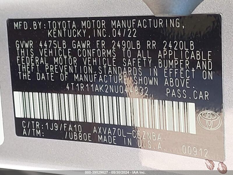 2022 TOYOTA CAMRY LE - 4T1R11AK2NU044832 | SeoVin.biz