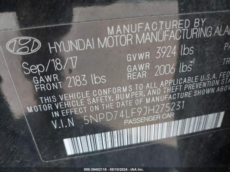 2018 HYUNDAI ELANTRA SE - 5NPD74LF9JH275231 | SeoVin.biz