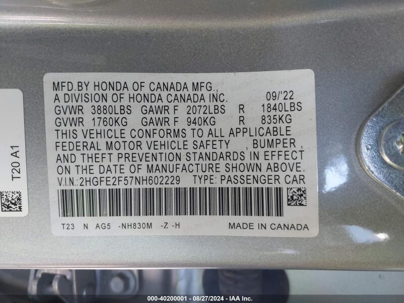 2022 HONDA CIVIC SPORT - 2HGFE2F57NH602229 | SeoVin.biz