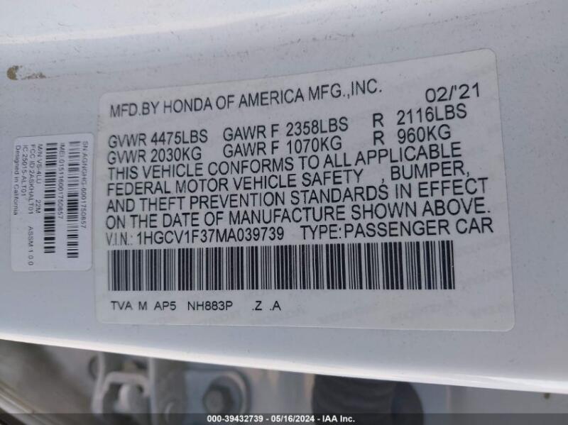 2021 HONDA ACCORD SPORT - 1HGCV1F37MA039739 | SeoVin.biz