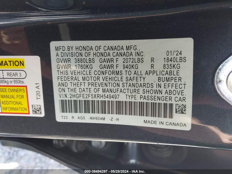 2024 HONDA CIVIC SPORT - 2HGFE2F5XRH549497 | SeoVin.biz