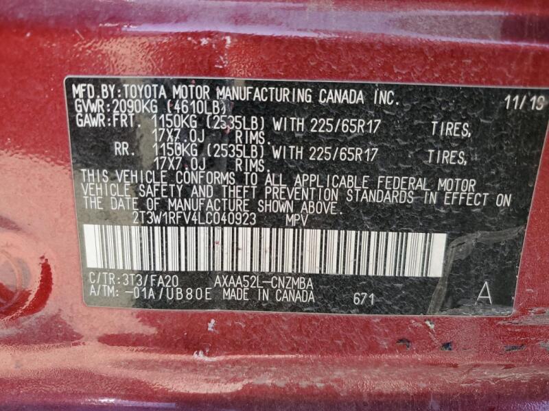 2020 TOYOTA RAV4 XLE - 2T3W1RFV4LC040923 | SeoVin.biz